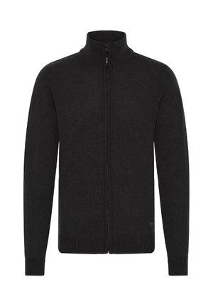 Black knitted zip-up sweater with a high collar, ribbed cuffs, and hem. Features a smooth texture and minimalistic design without patterns.