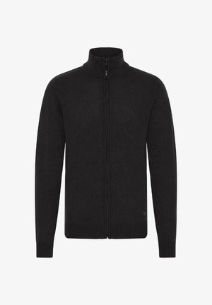 Black knitted zip-up sweater with a high collar, ribbed cuffs, and hem. Features a smooth texture and minimalistic design without patterns.
