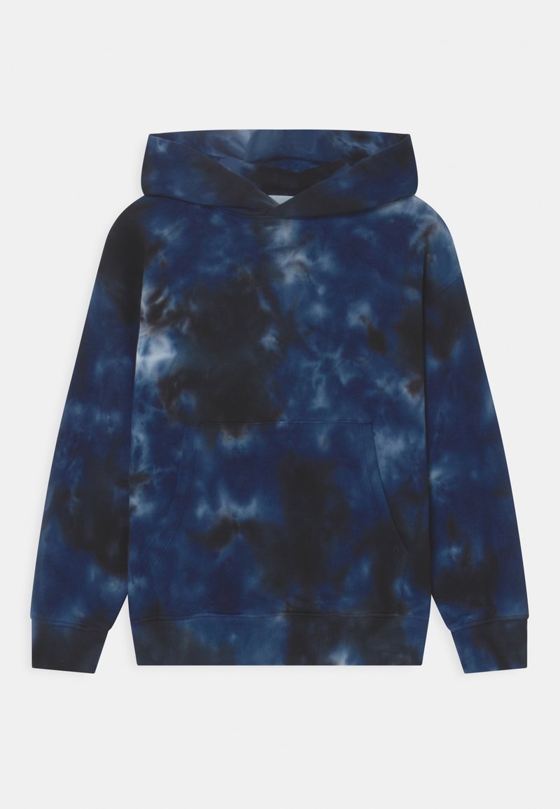 Námořnická modrá mikina s kapucí v tie-dye designu, se přední kapsou, vyrobená z měkké tkaniny, s volným střihem a ribovanými manžetami a lemem.