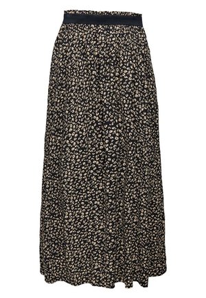 Schwarzer Midirock mit beigen, unregelmäßigen Leopardenflecken und breitem schwarzem elastischem Bund.