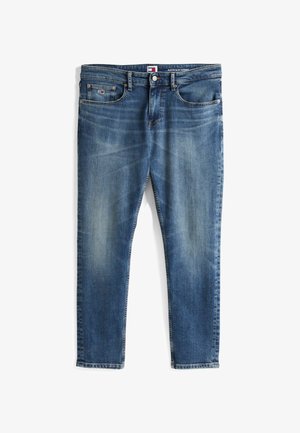 Blugi slim tapered din denimul albastru, cu un aspect uzat, cinci buzunare, închidere cu buton și turele pentru curea.