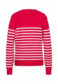 Rot gestreifter Pullover mit weißen horizontalen Streifen. Verfügt über einen runden Ausschnitt und lange Ärmel, hergestellt aus einem weichen Strickstoff.