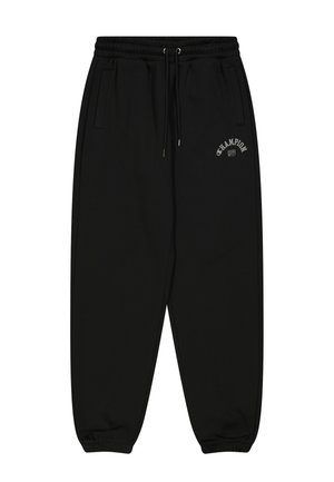 Black jogger pants made of soft fabric, featuring an elasticated waistband with drawstring and side pockets. "Champion" logo in white on front.