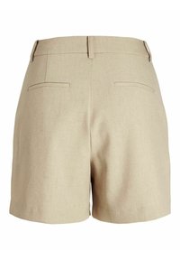 Beige linen shorts with a smooth texture, featuring a simple waistband, two back pockets, and tailored hemline.
