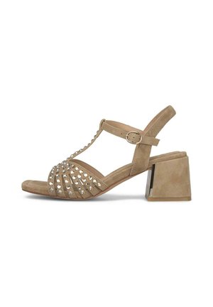 Beige suede sandaal met open teen, middelhoge blokhak, enkelbandje met gesp en strassteentjes op het voorste bandje.