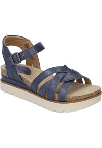 Navy blue leather sandal with crisscross straps, adjustable ankle strap, cork midsole, and a white rubber platform sole.
