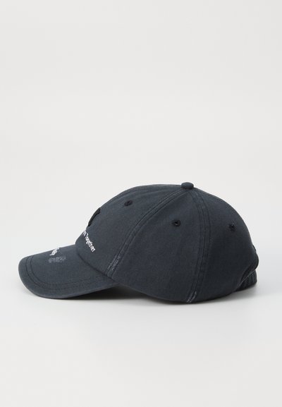 Dark blue baseball cap with a curved brim, embroidered front logo, and six ventilation holes. Fabric texture appears sturdy and durable.
