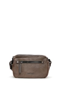 Borsa a tracolla in pelle marrone con superficie testurizzata, tasca frontale con zip e logo del marchio. Presenta una tracolla removibile.