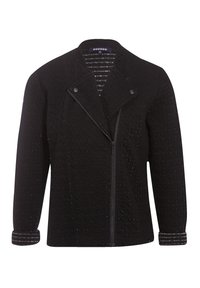 Czarna pikowana kurtka z ukośnym zamkiem błyskawicznym, zatrzaskami i pasiastymi mankietami. Tkanina o fakturze z delikatnym połyskiem.