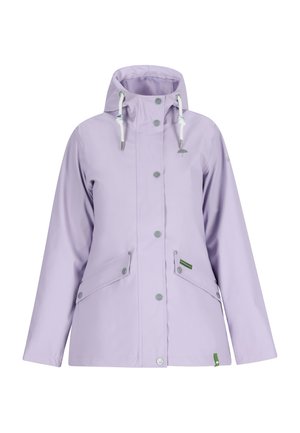 Lila wasserdichte Jacke mit Kapuze, Druckknopf- und Reißverschluss, zwei Fronttaschen und verstellbarem Kordelzug im Kragen.