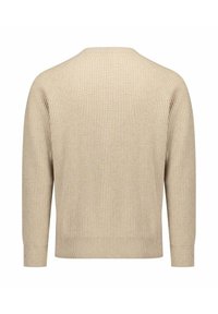 Maglione beige lavorato a maglia con texture a coste, dotato di scollo rotondo e maniche lunghe a raglan. La vista posteriore mostra un design semplice.