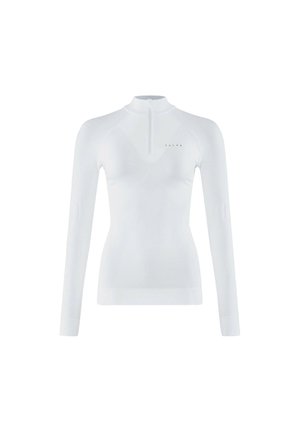 Weißes Langarmshirt mit hohem Kragen und halblangem Reißverschluss, gefertigt aus einem strukturierten Stoff und mit dezentem Logo-Detail auf der Brust.