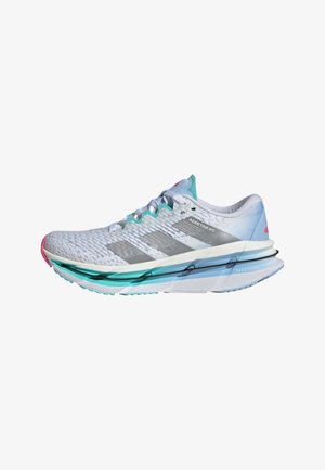 Running shoe featuring a white textured upper, turquoise accents, reflective silver stripes, and a cushioned sole with a pink tip.