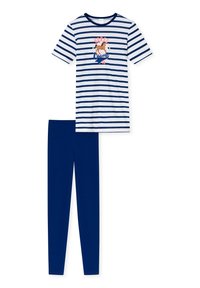 Paski bawełniany zestaw piżamowy w białym i granatowym kolorze; koszulka z grafiką konia i napisem, połączona z jednolitymi granatowymi legginsami.