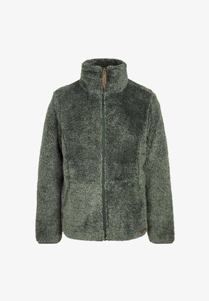 Fleece jacket in dark green, high collar, zip closure, textured surface, featuring a contrasting zipper pull and side pockets.