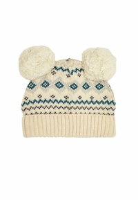Strikket vinterhue i creme med teal og sorte geometriske mønstre, med to fluffy pomponer på toppen og en ribbet krave.