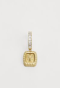 Gold pendant featuring a lion motif, with a textured square shape and a small keyhole. The top has a band adorned with clear stones.