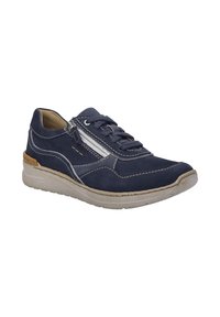 Marineblaue Wildleder-Sneaker mit Schnürsenkeln, silbernem Reißverschlussdetail und kontrastierender beiger Sohle. Verfügt über gestickte Akzente und strukturiertes Material.