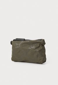 Olive green nylon pouch with a textured surface, featuring a black zipper and embossed logo pattern across the fabric. Compact rectangular shape.