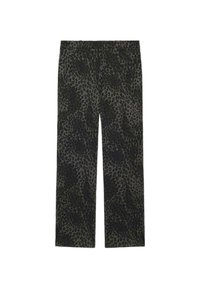 Pantalones con estampado de leopardo en verde oscuro y negro, con un corte relajado y diseño de pierna ancha, hechos de una tela suave y texturizada.