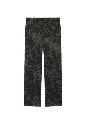 Pantalones con estampado de leopardo en verde oscuro y negro, con un corte relajado y diseño de pierna ancha, hechos de una tela suave y texturizada.