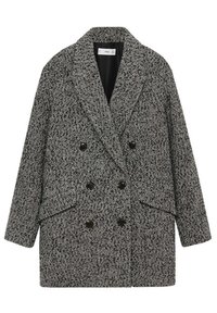 Dvouřadý kabát s černo-bílým rybí kostí vzorem, Ausstattung mit großen Knöpfen und aufgeschlagenen Revers, mit entspanntem Schnitt und Seitentaschen.