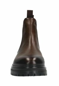 Stivale alla caviglia in pelle marrone con pannelli laterali elasticizzati, texture liscia e suola in gomma nera spessa con motivo antiscivolo. Logo sul retro.