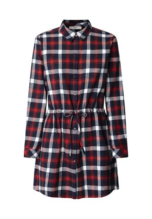 Rot, marineblau und weiß kariertes Hemdkleid mit langen Ärmeln, durchgehender Knopfleiste und verstellbarem Kordelzug in der Taille für eine individuelle Passform. Aus Flanellmaterial gefertigt.