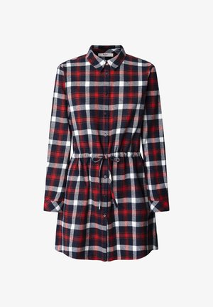 Vestido de cuadros en rojo, azul marino y blanco, con mangas largas, botonadura frontal y cintura ajustable con cordón. Hecho de material de franela.