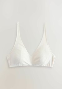 Balts trīsstūrveida krūšturis izgatavots no mīksta auduma, ar plāniem siksniņām un bezšuvju dizainu ar gludu tekstūru. Nav redzamu aparatūras elementu vai rotājumu.