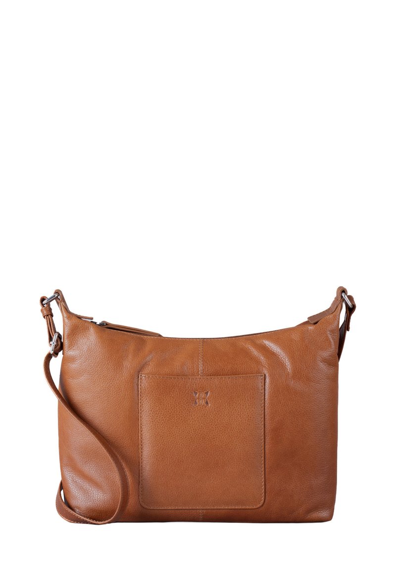 Brown leather crossbody bag with a textured finish, zip closure, and front pocket. Adjustable strap and subtle logo detailing.
