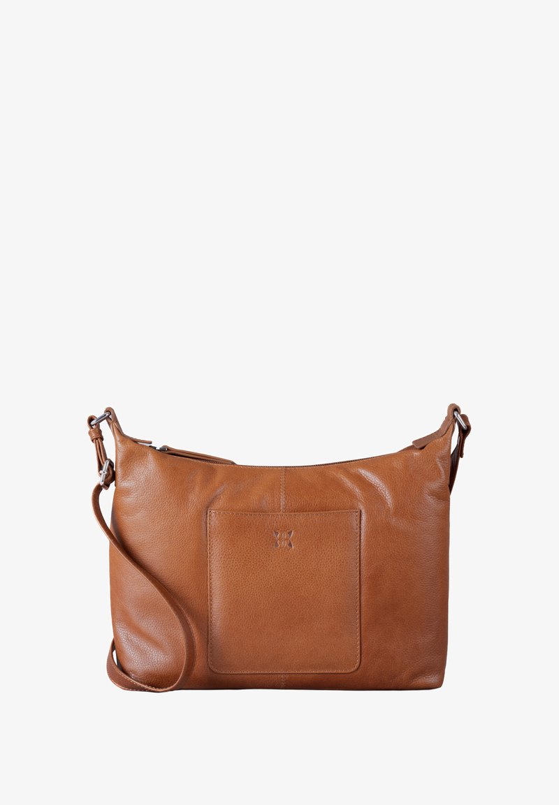 Brown leather crossbody bag with a textured finish, zip closure, and front pocket. Adjustable strap and subtle logo detailing.