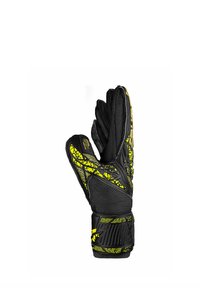 Guanto da portiere nero e giallo con superficie testurizzata e presa rinforzata. Presenta un motivo distintivo lungo le dita e il polso.