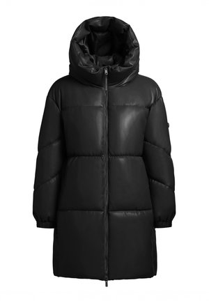 Sort polstret jakke med høj, oversized hætte, lynlås, elastiske manchetter og en glat, blank overflade. Isoleret for varme.