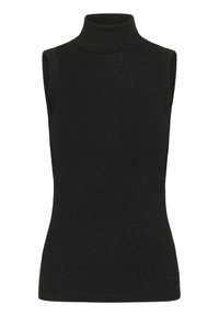 Schwarzes ärmelloses Rollkragenoberteil aus geripptem Stoff, mit hohem Kragen und figurbetonter Silhouette.