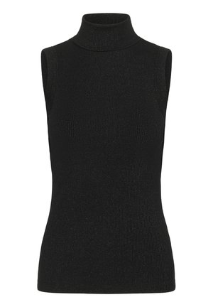 Top senza maniche nero, realizzato in tessuto a coste, con collo alto e silhouette aderente.