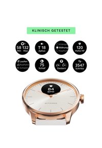 Smartwatch color oro rosa con un quadrante circolare, dial bianco e indicatori minimalisti. Mostra il battito cardiaco, i passi e i parametri di salute tramite icone digitali.