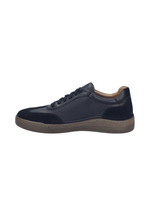 Marineblaue Leder-Sneaker mit Wildlederakzenten, runder Spitze, flacher Gummisohle und Schnürdesign. Glatte Oberfläche mit kontrastierenden matten und glänzenden Oberflächen.