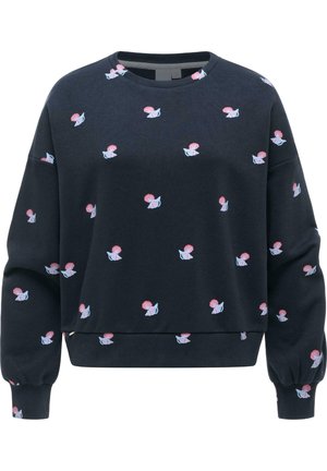 Marineblauer Pullover mit pinkem und weißem Muschelmuster, Rundhalsausschnitt, langen Ballonärmeln sowie gerippten Bündchen an Ärmeln und Saum.