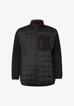 Schwarze gesteppte Jacke mit rotem Frontreißverschluss, langen Ärmeln, hohem Kragen und einer Reißverschlusstasche auf der linken Brustseite.