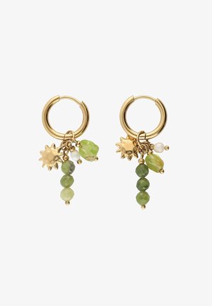 Gold hoop earrings featuring green beads, light green stones, a sun charm, and a pearl accent, with a mixed texture and design.