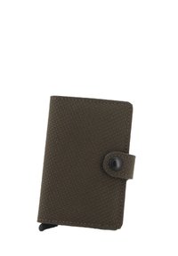 Portafoglio verde scuro realizzato in materiale testurizzato, con chiusura a bottone e bordi cuciti. Forma rettangolare compatta.
