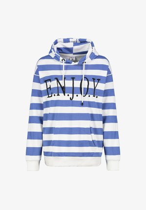 Blue and white striped hoodie with a kangaroo pocket, black "E.N.J.O.Y." text on the front, cotton material, and adjustable drawstring hood.