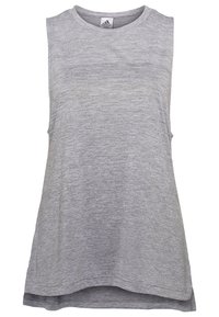 Harmaa hihaton urheiluvaatetus, joka on valmistettu tekstuuripinnasta, ja jossa on pyöreä kaula-aukko sekä löysä istuvuus kevyesti kaarevalla helmalla.