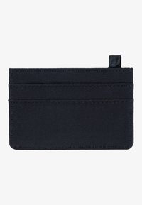 Marineblauer Nylon-Kartenhalter mit vier Fächern, einem Tab für einfachen Zugriff und genähten Kanten für Langlebigkeit; glatte Textur und minimalistisches Design.