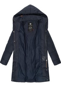 Mørkeblå isoleret jakke med hætte, lynlås lukning og trykknapper. Har en tekstureret foring og indvendigt mærke. Polstret design med lange ærmer.