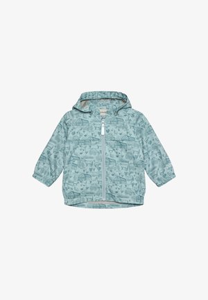 Kinderhellblauer Regenmantel mit einem Muster aus Nutztieren und Traktoren. Verfügt über einen Reißverschluss vorne, eine Kapuze und elastische Bündchen.