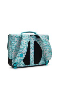 Väskan är en messenger bag tillverkad av grått tyg med turkosa abstrakta mönster. Den har två justerbara remmar och ett handtag för att bära ovanpå.
