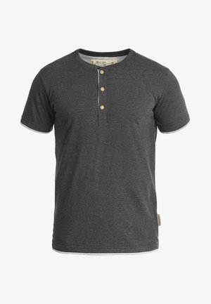 Gray short-sleeve T-shirt made of cotton, featuring a Henley neck with three buttons, contrasting collar and sleeve trim, and a small logo tag.