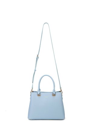 Light blue handbag made of textured material, featuring dual handles, a detachable shoulder strap, and gold-tone hardware accents.